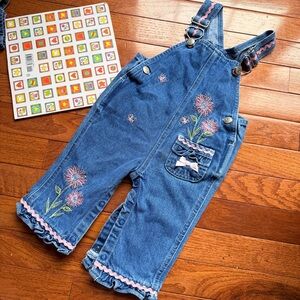 Vintage Embroidered Blue Denim Overalls with Pink Ruffle Trim, 6-9m
